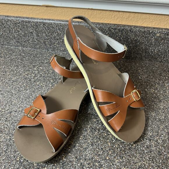 Sun-San Hoyway Brown Leather Womens Sz 8 Summer Casual Sandals Ankle Strap Flats - Picture 2 of 10